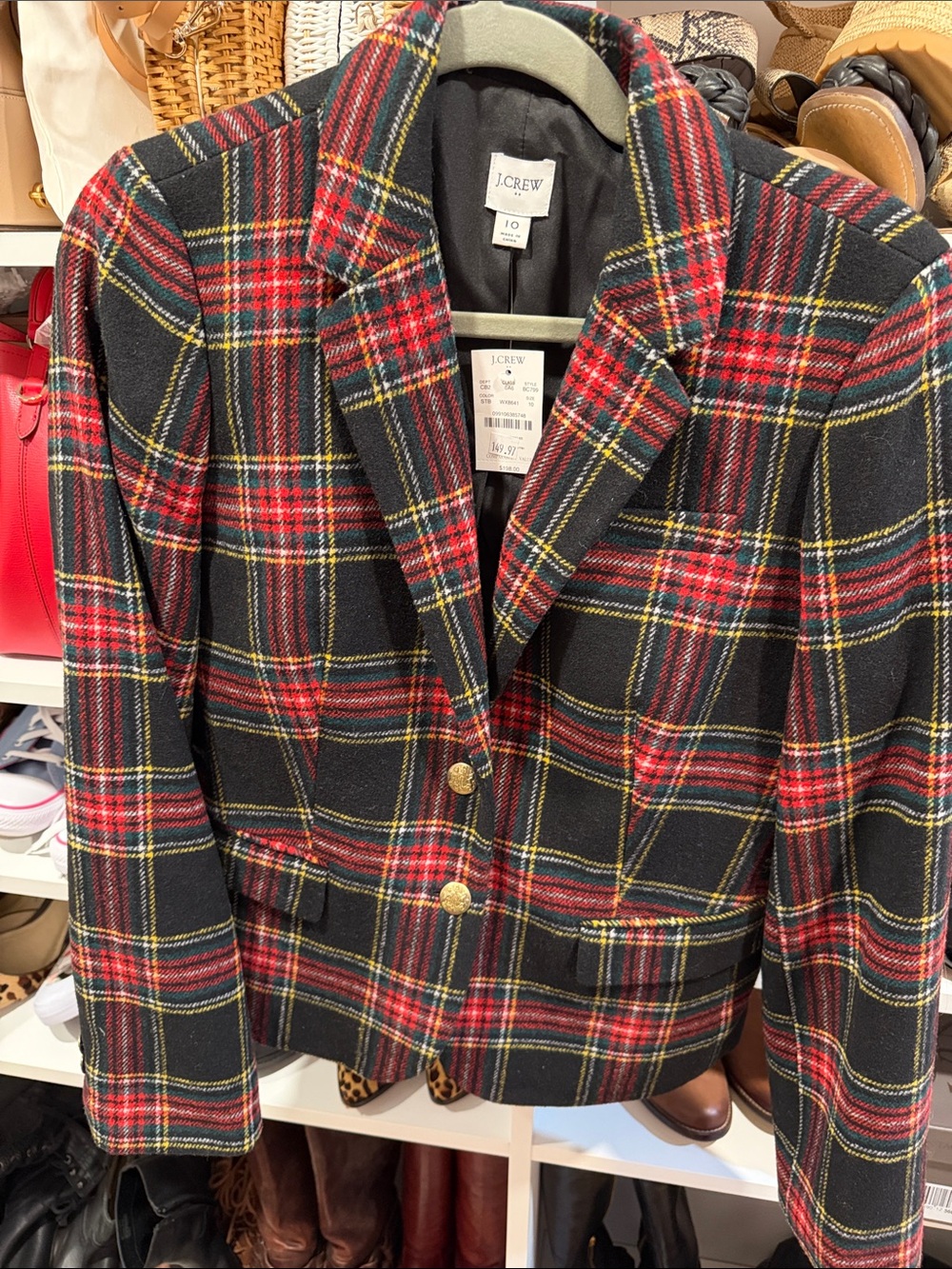 J. Crew Red, Black & Red Plaid Blazer with Gold Buttons